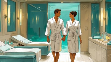 Casal relaxando no spa de um navio de cruzeiro, utilizando o OBC para tratamentos de bem-estar.