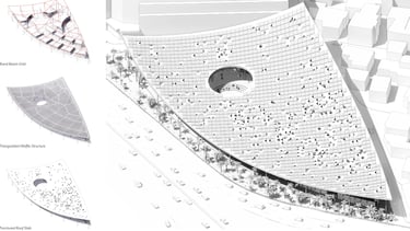 An axonometric drawing of a solar panel covered roof