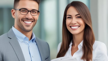 A professional interview in a sleek, modern office with black, white, and sage green accents