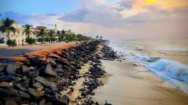 Early sunrise view at Pondy’s rocky shoreline.