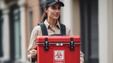 A person wearing a black cap and a black polo shirt with a courier service logo holds a large cardboard box. The background is a plain light gray, and the person appears to be smiling slightly.