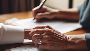 Close-up of hands signing a legal will with a pen