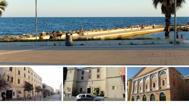 Paisagem do centro histórico de Civitavecchia com o mar, ruas e edifícios antigos
