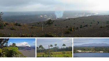Paisagem do Parque Nacional dos Vulcões em Hilo, mostrando áreas vulcânicas e trilhas