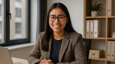 a woman in glasses and a suit jacket sitting at a desk