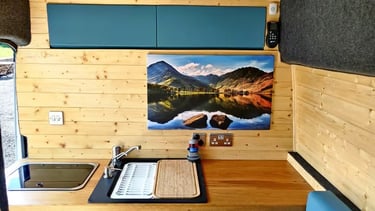 Compact kitchen setup inside a campervan, ideal for cooking on the go
