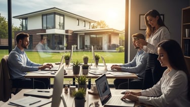 A bright and modern real estate brokerage office where a collaborative team of agents at work