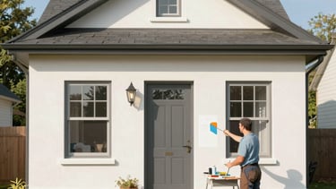 Painter applying fresh paint on an exterior wall of a house