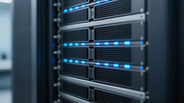 Macro close-up of a high-end server rack with cool blue indicator lights, sharp focus, clean technology lines, 35mm.