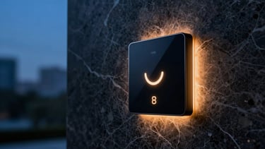 Primer plano de un elegante interruptor de pared inteligente integrado en una superficie de mármol oscuro, con un suave brillo de luz indicadora, fotografía de lujo.