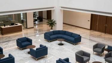 A high-angle photography shot of a modern corporate office lobby in Ras Al Khaimah, Middle Eastern / Gulf context. Clean architectural lines with marble floors reflecting soft light. The space is decorated with professional furniture in deep blue and grey-blue tones, conveying a trustworthy and innovation-focused business atmosphere.