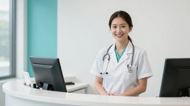 A bright, modern medical reception area in a North American / US clinic. A friendly healthcare professional in a clean medical coat stands behind a minimalist desk, smiling warmly. The lighting is soft and natural, emphasizing a calm and compassionate atmosphere. The interior design features accents of Ocean Teal and Snow white.