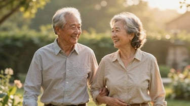 Warm editorial photography of an active elderly couple smiling and walking together in a sunlit garden, soft golden hour light, shallow depth of field