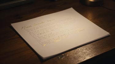A screenplay draft lying on a dark wooden table with handwritten notes in gold ink, illuminated by a soft warm spotlight.