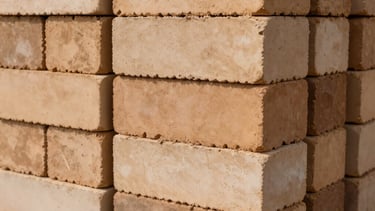A close-up photograph of premium clay bricks neatly stacked in a modern industrial yard. The bricks are in various shades of beige and tan. Natural lighting emphasizes the robust texture and clean lines. North American / European architectural setting.
