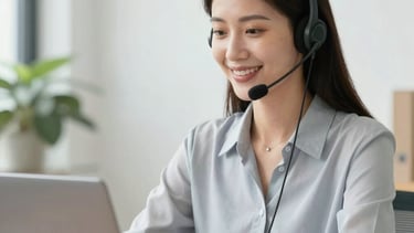 A professional remote support agent smiling while assisting a client on a headset.