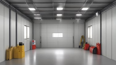 Heavy construction machinery parked inside a secure storage facility.