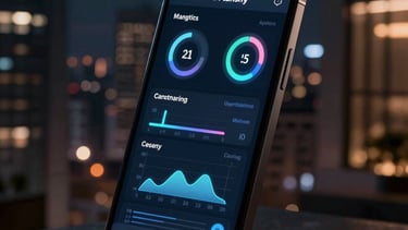 Clean, high-end photography of a modern smartphone showing a glowing AI analytics app interface, set in a dark North American penthouse at night.