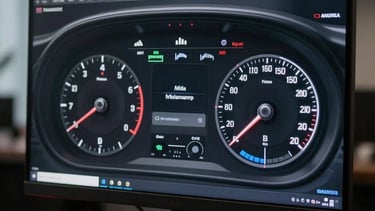 High-fidelity macro shot of an advanced dashboard displayed on a high-end monitor in a dark, premium office environment in North America.