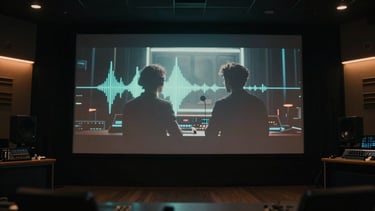 Wide cinematic screenshot of a film dubbing session, a dramatic movie scene projected on a large screen in a dark Parisian studio, subtle waveform graphics overlaid, low-key lighting.
