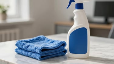 Close-up of high-quality professional cleaning equipment including a blue microfiber cloth and a sleek spray bottle resting on a polished marble surface in a bright Central European office building. Soft natural morning light, clean lines, professional photography style with a focus on hygiene and reliability, incorporating off-white and deep blue tones.