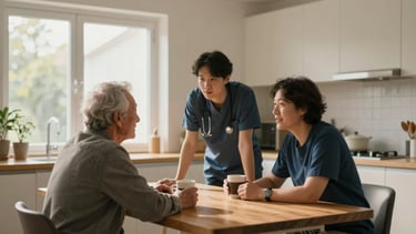 Wide shot of a caregiver seated at a kitchen table across from an older person, both leaning slightly forward in conversation, afternoon light coming through a window to the left, coffee cups on the table, warm and unhurried atmosphere