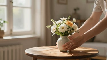 Close-up of a caregiver's hands gently arranging a small vase of flowers on a wooden side table in a lived-in home, warm afternoon window light, soft focus on the background room