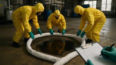 Wide environmental shot of an emergency spill response — technicians in chemical-resistant suits deploying absorbent barriers around a containment zone on an industrial floor, overhead fluorescent and daylight mix, documentation clipboard visible in foreground