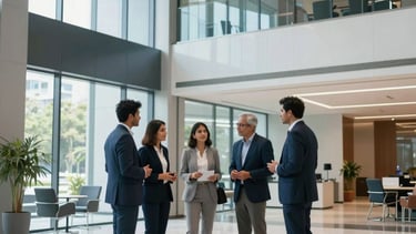 A high-end corporate office lobby in a modern Indian tech park, featuring sleek architecture and glass walls. Professional South Asian business partners in formal attire are engaged in a discussion. The lighting is bright and airy, incorporating steel blue and powder blue accents in the interior design.