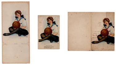 Vintage basketball ink blotting paper, hand drawn postcard, antique sports greeting card