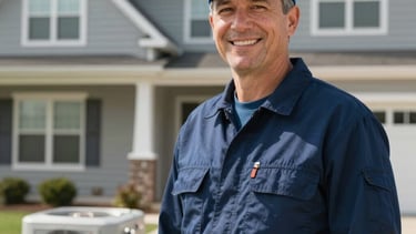 A professional HVAC technician wearing a dark blue uniform and a steel blue cap, smiling and standing in front of a modern North American house in Madison, Wisconsin. Bright, clean daytime lighting with a focus on trust and reliability.