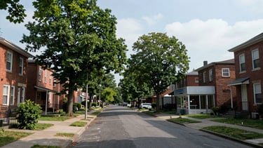 Wide environmental shot of a quiet residential street in an established urban neighborhood, mature street trees lining the sidewalk, a mix of modest brick homes and small corner shop, natural daylight, no people centered, generous sky above
