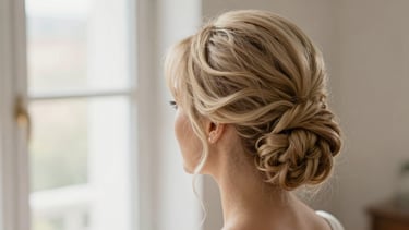 Close-up of a beautifully styled bridal updo, intricate details, professional finish, soft natural window light, elegant champagne and neutral tones, shallow depth of field, 35mm