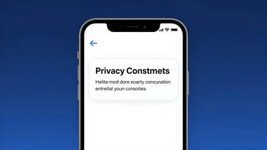 A sleek modern smartphone displaying a privacy consent banner, clean interface, soft studio shadows, blue accents