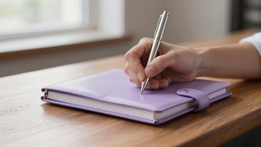 Close-up of hands writing in a lavender leather journal at a beautifully styled wooden bar, soft morning light, shallow depth of field.