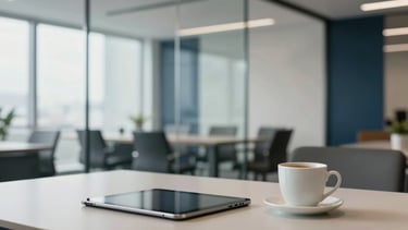 A crisp, high-end photograph of a modern North American / US office lounge. In the foreground, a sleek table with a tablet and a coffee cup is in soft focus. The background shows a bright, glass-walled conference room with subtle dark blue and off-white accents. The atmosphere is professional, intelligent, and calm, with natural daylight streaming through large windows.