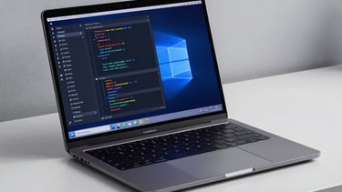 A sleek, minimal photograph of a clean developer workstation featuring a high-end laptop with code displayed in a dark mode editor. Accents of deep blue and medium blue lighting.