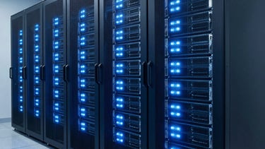 A sharp, detailed photo of a modern server room with glowing lights in sky blue and dark navy. The perspective is from floor level, emphasizing scale and efficiency in an international tech-focused data center.