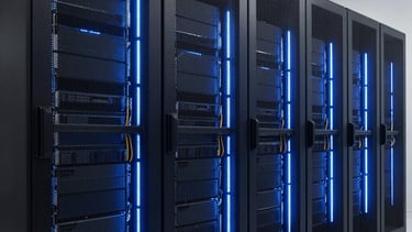 A professional photograph of a modern, secure server room interior in Almaty, Kazakhstan. The lighting is dominated by deep blue and white LED accents, highlighting sleek black server racks. The composition is clean and minimalist, conveying enterprise-grade technology and data sovereignty. No people are present, focusing on the high-tech infrastructure.