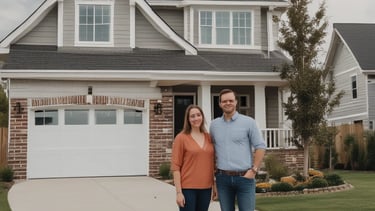 Smiling builder shaking hands with a satisfied homeowner in front of a new house.