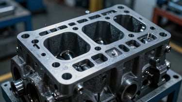 Macro photograph of a heavy-duty cast iron automotive engine block with a freshly laser-etched serial number glowing faintly, cool industrial assembly line background, dramatic low-key lighting.