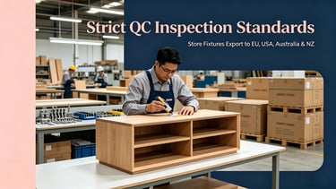 A worker performing strict QC inspection on wooden store fixtures for global export.