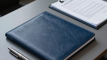 A high-angle professional photograph of a clean, modern executive desk in a North American office. On the desk sits a high-quality navy leather folder, a classic silver fountain pen, and a set of organized documents, illuminated by soft natural light. The color palette features deep blue-gray and charcoal tones, evoking a sense of trust, efficiency, and confidentiality.