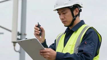 Technician working on utility infrastructure outdoors with safety gear