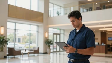 A wide photography shot of a professional North American / Mexican corporate office lobby with large windows and clean, polished white surfaces. A supervisor in a navy blue uniform is reviewing a maintenance checklist on a tablet, embodying reliability and peace of mind. The lighting is soft and warm, with gold accents on the architectural trim. The atmosphere is sophisticated and reassuring.