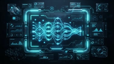 Ultra-detailed glassmorphic software dashboard UI mockup, displaying live database schemas and glowing neural pathways, dark obsidian background, neon cyan light, octane render.