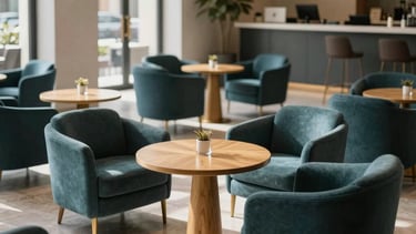 A wide-angle professional photograph of a sophisticated corporate lounge in Madrid, Iberian &amp;#x2F; Spanish architecture. The scene features deep slate teal armchairs and golden tan oak tables under soft morning sunlight, emphasizing a strategic and professional mood.