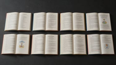 Wide landscape studio photograph of four open book spreads placed in a horizontal row on a dark matte surface under clean diffused overhead lighting — the same two-page children's book layout shown in English, Spanish, French, and Mandarin editions, each spread clearly showing typographic differences in column width and text density, photographed from directly above, even shadow-free illumination