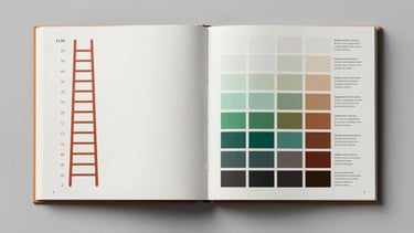 Wide flat-lay: two open documentation spreads side by side — left spread shows a typographic scale ladder with size and leading values annotated in terracotta, right spread shows a three-color system swatch grid with usage rules, studio diffused light on light gray surface