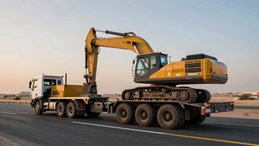 A heavy-duty low-bed transport truck hauling a massive crawler excavator along a desert highway in Dubai at dusk, motion blur on road, sharp focus on truck.